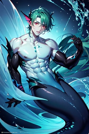 ((best quality)), ((masterpiece)), (detailed), male, lean and muscular body, finned ears, fins on his cheeks, bioluminescent markings, across entire body, A black mermaid tail, red eyes, (green blue hair), no_clothes, mermaid,