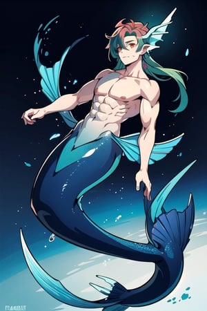 ((best quality)), ((masterpiece)), (detailed), male, lean and muscular body, finned ears, fins on his cheeks, bioluminescent markings, across entire body, A black mermaid tail, red eyes, (green blue hair), no_clothes, mermaid, fish ear