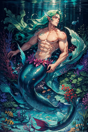 ((best quality)), ((masterpiece)), (detailed), male, finned ears, fins on his cheeks, bioluminescent markings across entire body, A black mermaid tail, red eyes, (green blue hair), mermaid, bulky, buff, muscular, lean, masculine,Mermaid