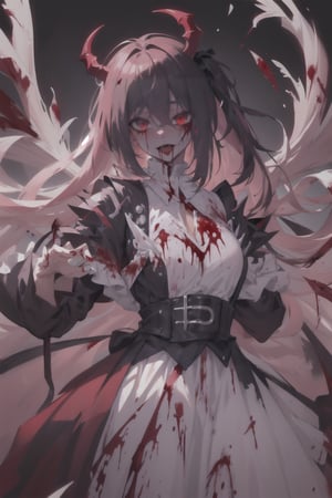 ((masterpiece)), ((ultra detailed)), (ultra quality), (very_high_resoltion), flowing hair, beautiful face, Very detailed,  Pale Skin, fangs,(blood splash:1.4), two_tone_hair, black and pink hair, red eyes, demonic, glowing eyes, slit pupils,