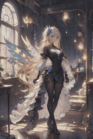 ((masterpiece)), ((ultra detailed)), (ultra quality), (very_high_resolution), golden blonde hair, blue eyes, pale skin, medieval, medium_breasts, solo, long hair, jewelry, earrings, pointy ears, fairy, hair ornament, wings, black gloves, indoors, formal, full_body, midjourney, dress,DonMF41ryW1ng5