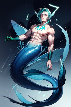 ((best quality)), ((masterpiece)), (detailed), male, lean and muscular body, finned ears, fins on his cheeks, bioluminescent markings across entire body, A black mermaid tail, red eyes, (green blue hair), mermaid, 