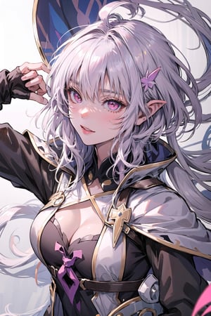 ((masterpiece)), ((ultra detailed)), (ultra quality), (very_high_resolution), merlin, fate/grand_order, very long white hair, ahoge, alluring Pink Eyes, Long pointed Ears, fate_(series), long ears,