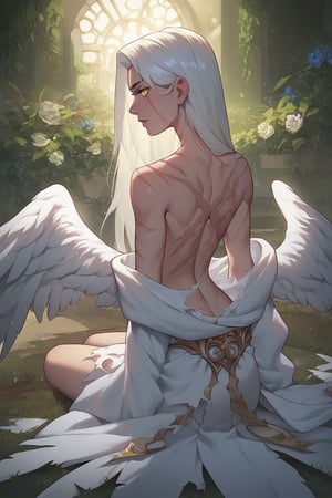score_9, score_8_up, score_7_up, slender lady with a ethereal beauty, golden white hair, long hair, bright yellow eyes, scarred back, small feathers on ground, sitting in garden, back to viewer, large scars on back, scars, wearing robes, bleeding back, wings torn off, scarification, fallen angel,