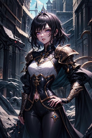 ((masterpiece)), ((best quality)), ((ultra high resolution)), realistic, 1girl, tom boy princess, fantasy, black pants, black hair, violet eyes, small bust, white blouse, medieval, fantasy00d