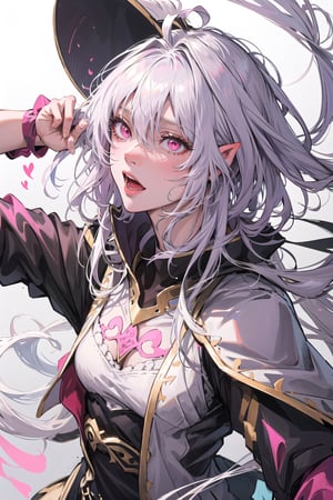 ((masterpiece)), ((ultra detailed)), (ultra quality), (very_high_resolution), merlin, fate/grand_order, very long white hair, ahoge, Pink Eyes, Long Elvish Ears,very long hair, frills,