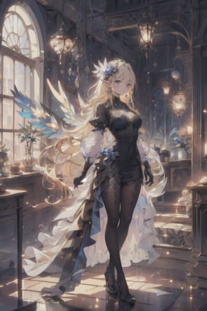 ((masterpiece)), ((ultra detailed)), (ultra quality), (very_high_resolution), golden blonde hair, blue eyes, pale skin, medieval, medium_breasts, solo, long hair, jewelry, earrings, pointy ears, fairy, hair ornament, wings, black gloves, indoors, formal, full_body, midjourney, dress,DonMF41ryW1ng5