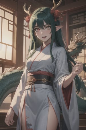 ((best quality)), ((masterpiece)), (detailed), female, sharp eyes, jade, japanese, petite, slender, fangs, petite, pointed ears, long_hair, rosey lips, slit pupils, robes, japanese_dragon, jade_dragon, green scales, dark green hair, glowing eyes, blue pupils, jade eyes, scales, yukata, chinese dragon, branch like horns, antlers, 