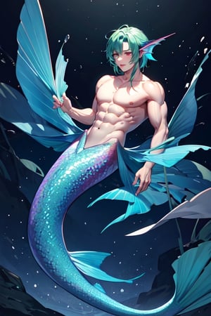 ((best quality)), ((masterpiece)), (detailed), male, lean and muscular body, finned ears, fins on his cheeks, bioluminescent markings, across entire body, A black mermaid tail, red eyes, green blue hair, no_clothes, mermaid, fish ear