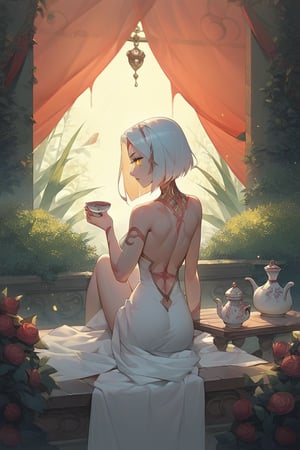 score_9, score_8_up, score_7_up, slender lady with a ethereal beauty, golden white hair,  bright yellow eyes, scarred back, small feathers on back, noble lady, sitting in garden, tea, back to viewer, source_anime,
