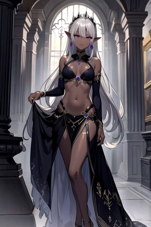 ((masterpiece)), ((ultra detailed)), (ultra quality), scenery, jewellery, dress, earrings, dark elf, long silver hair set in perfect princess curls, grey skin, grey pearly skin, violet eyes, petite, dark elf, dark skin,