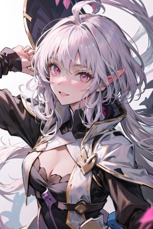 ((masterpiece)), ((ultra detailed)), (ultra quality), (very_high_resolution), merlin, fate/grand_order, very long white hair, ahoge, alluring Pink Eyes, Long pointed Ears, fate_(series), long ears,