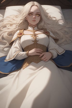 score_9,score_8_up,score_7_up, (1girl), (solo), female, golden white hair, pale skin, bright yellow eyes, scarred back, small feathers on back, noble lady, queen, medieval clothing, royal clothing, source_anime,