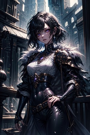 ((masterpiece)), ((best quality)), ((ultra high resolution)), realistic, 1girl, tom boy princess, fantasy, black pants, black hair, violet eyes, small bust, white blouse, medieval, fantasy00d, midjourney