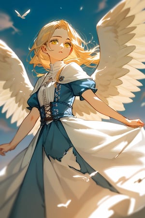 score_9,score_8_up,score_7_up, (1girl), (solo), female, golden white hair, pale skin, bright yellow eyes, a lady with feathered wings being ripped out of back, medieval clothing, royal clothing, source_anime, anime,