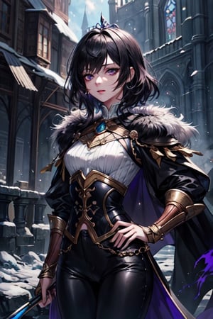 ((masterpiece)), ((best quality)), ((ultra high resolution)), realistic, 1girl, tom boy princess, fantasy, black pants, black hair, violet eyes, small bust, white blouse, medieval, fantasy00d