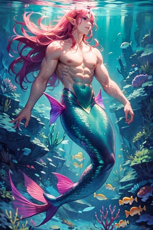 ((best quality)), ((masterpiece)), (detailed), male, sharp eyes, merman, merfolk, Sharp teeth, lean and muscular body, Long finned ears, fins growing from his cheeks, tail glows slightly with luminous scales, bioluminescent markings along his body, has a purple mermaid tail, with pink glowing spots,Mermaid
