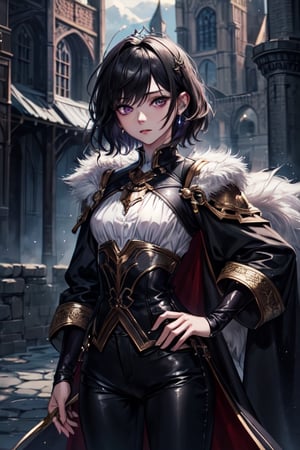 ((masterpiece)), ((best quality)), ((ultra high resolution)), realistic, 1girl, tom boy princess, fantasy, masculine clothing, black pants, black hair, violet eyes, small bust, blouse, medieval,fantasy00d