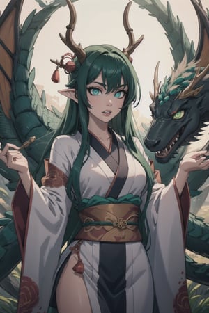 ((best quality)), ((masterpiece)), (detailed), female, sharp eyes, jade, japanese, petite, slender, fangs, petite, pointed ears, long_hair, rosey lips, slit pupils, robes, japanese_dragon, jade_dragon, green scales, dark green hair, glowing eyes, (blue pupils, jade green eyes), scales, yukata, chinese dragon, branch like horns, antlers, IncrsSlitPupil, Detailedface,