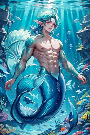 ((best quality)), ((masterpiece)), (detailed), male, sharp eyes, merman, merfolk, Sharp teeth, lean and muscular body, Long finned ears, fins growing from his cheeks, tail glows slightly with luminous scales, bioluminescent markings along his body, has a black mermaid tail, Mermaid, siren_core,  red eyes,