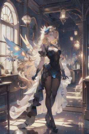 ((masterpiece)), ((ultra detailed)), (ultra quality), (very_high_resolution), golden blonde hair, blue eyes, pale skin, medieval, medium_breasts, solo, long hair, jewelry, earrings, pointy ears, fairy, hair ornament, wings, black gloves, indoors, formal, full_body, midjourney, dress,DonMF41ryW1ng5