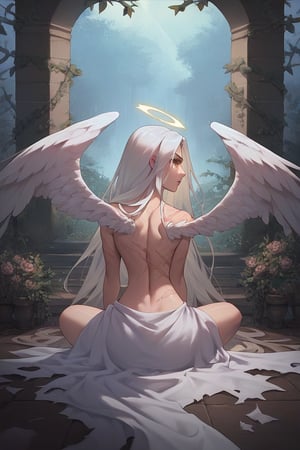 score_9, score_8_up, score_7_up, slender lady with a ethereal beauty, golden white hair, long hair, bright yellow eyes, scarred back, small feathers on ground, sitting in garden, back to viewer, large scars on back, scars, wearing robes, bleeding back, wings torn off, scarification, angel wing mound,