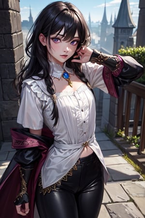 ((masterpiece)), ((best quality)), ((ultra high resolution)), realistic, 1girl, tom boy princess, fantasy, masculine clothing, black pants, black hair, violet eyes, small bust, blouse, medieval,