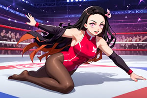 Demon girl, Nezuko, Daki, Mexico city, Mexican Wrestling, Leotard, lightbrown pantyhose, no shoes, kamado nezuko, very long hair, black hair, pink eyes, Wrestling Arena, alone