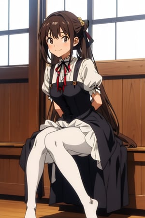 girl tied, hands tied behind back, bondage, victorian dress, white background,  long hair, brown pantyhose, no shoes, light smile, anime screencap, DETAILED FEET, 