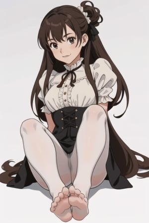 girl tied, hands tied behind back, bondage, victorian dress, white background,  long hair, brown pantyhose, no shoes, light smile, anime screencap, DETAILED FEET, 