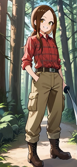 WOOD WORKER, Work Boots, mischiveous smile, Takagi San, longsize_Chainsaw, Forest, heavy Cargo_Truck at distance,  long hair, brown hair, lumberjack plaid shirt , aatakagi