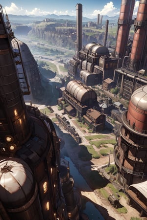 anime coloring, open terrain landscape, sci fi atmosphere, very huge silo with structures alongside, town created around silo. viewed from distance,SP style,Steampunk aesthetic