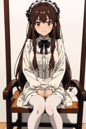 girl tied, hands tied behind back, bondage, victorian dress, white background,  long hair, brown pantyhose, no shoes, light smile, anime screencap, DETAILED FEET, 