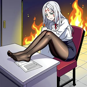 anime screencap, 
Spider demon mother,
 pale skin, long hair, white hair, facial markings, green eyes, fangs, detailed feet correct feet, feet focus
office suit, no shoes, pantyhose, 
tired face, Seat relaxing into chair, feet put in desk , inferno fire, underworld atmosphere, Inferno customer service attend, coffee at hand, corridor, night, 
viewed from side