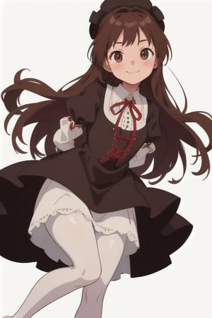 girl tied, hands tied behind back, bondage, victorian dress, white background,  long hair, brown pantyhose, no shoes, light smile, anime screencap, DETAILED FEET, 