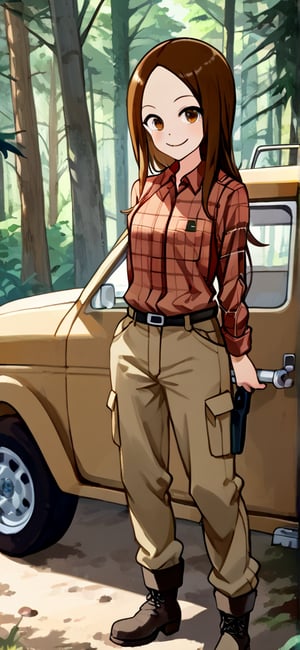 WOOD WORKER, Work Boots, mischiveous smile, Takagi San, longsize_Chainsaw, Forest, heavy Cargo_Truck at distance,  long hair, brown hair, lumberjack plaid shirt , aatakagi