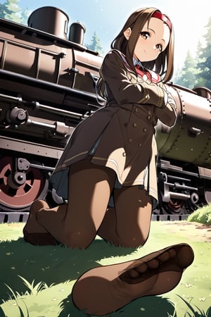 anime coloring, long brown hair,TOONO, hairband, forehead, no shoes, dress,pantyhose, detailed feet, feet focus, grass, forest, kneeling, posing for a photo, full body, light smile. food bastket in floor, afternoon light, GG-1 locomotive train at distance. viewed from side below, 