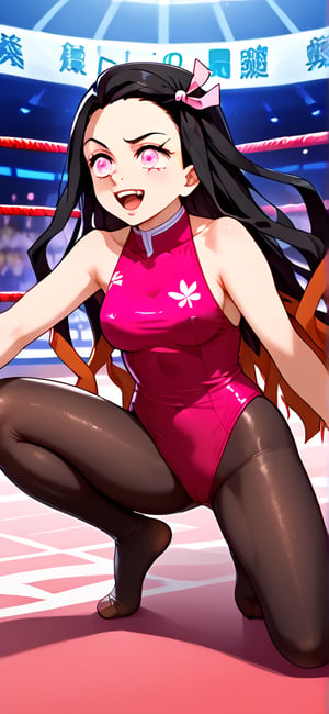 Demon girl, Nezuko, Daki, Mexico city, Mexican Wrestling, Leotard, pantyhose, no shoes, kamado nezuko, very long hair, black hair, pink eyes, Wrestling Arena 