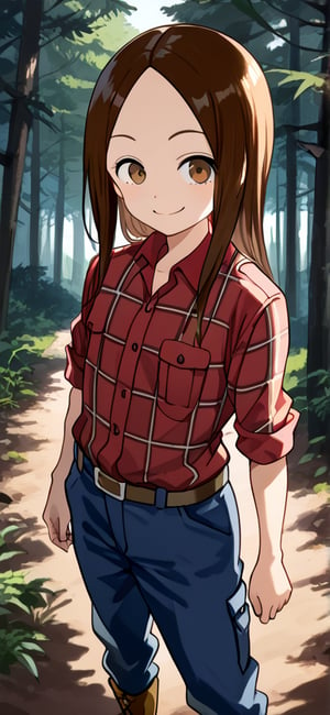 WOOD WORKER, Work Boots, mischiveous smile, Takagi San, longsize_Chainsaw, Forest, heavy Cargo_Truck at distance,  long hair, brown hair, lumberjack plaid shirt , aatakagi