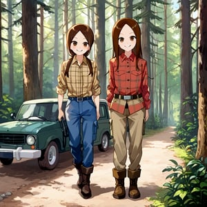 WOOD WORKER, Work Boots, mischiveous smile, Takagi San, longsize_Chainsaw, Forest, heavy Cargo_Truck at distance,  long hair, brown hair, lumberjack plaid shirt , aatakagi