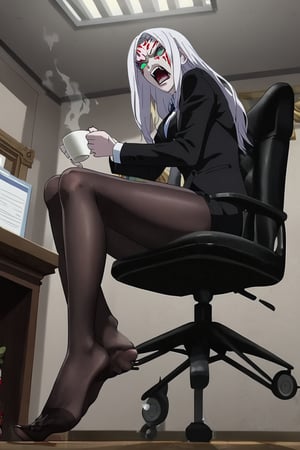 Spider demon mother, office suit, pale skin, long hair, white hair, facial markings, green eyes, fangs, very angry, Seat into chair, desk , inferno fire, underworld atmosphere, Inferno customer service attend, coffee at hand, corridor, night, no shoes, detailed feet, feet focus, correct feet, clear pantyhose, viewed from side below, alone, anime screencap