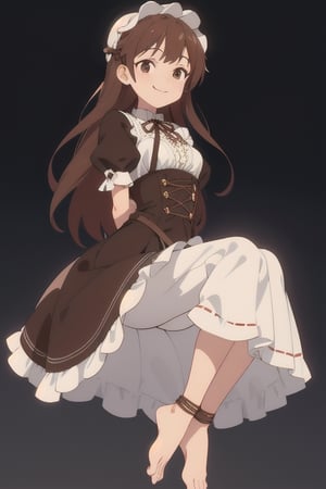 girl tied, hands tied behind back, bondage, victorian dress, white background,  long hair, brown pantyhose, no shoes, light smile, anime screencap, DETAILED FEET, 