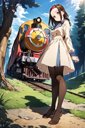 anime coloring, long brown hair,TOONO, hairband, forehead, no shoes, dress,pantyhose, detailed feet, grass, forest, standing, posing for a photo, full body, light smile. food bastket in floor, afternoon light, GG-1 locomotive train at distance. viewed from side below, 