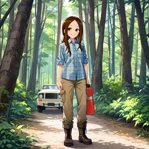 WOOD WORKER, Work Boots, mischiveous smile, Takagi San, longsize_Chainsaw, Forest, heavy Cargo_Truck at distance,  long hair, brown hair, lumberjack plaid shirt , aatakagi