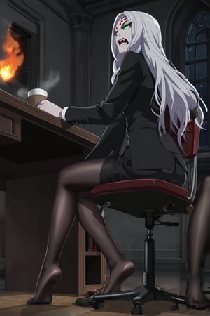 Spider demon mother, office suit, pale skin, long hair, white hair, facial markings, green eyes, fangs, very angry, Seat into chair, desk , inferno fire, underworld atmosphere, Inferno customer service attend, coffee at hand, corridor, night, no shoes, detailed feet, feet focus, correct feet, clear pantyhose, viewed from side below, alone, anime screencap