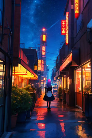  anime coloring, SCI FI city, streets, metal base buildings, futuristic entrances and windows, spanish lettering, Hologram maid girl announces restaurant, semi industrial structures, geometric sky crapers, starships at distance, night sky, neon lights, holografic anouncements,glimmer