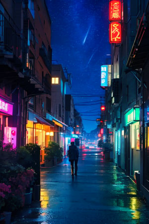  anime coloring, SCI FI city, streets, metal base buildings, semi industrial structures, geometric sky crapers, starships at distance, night sky, neon lights, holografic anouncements,glimmer