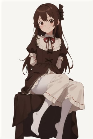 girl tied, hands tied behind back, bondage, victorian dress, white background,  long hair, brown pantyhose, no shoes, light smile, anime screencap, DETAILED FEET, 