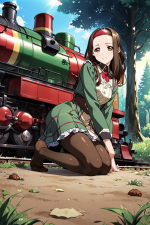 anime coloring, long brown hair,TOONO, hairband, forehead, no shoes, dress,pantyhose, detailed feet, feet focus, grass, forest, kneeling, posing for a photo, full body, light smile. food bastket in floor, afternoon light, GG-1 locomotive train at distance. viewed from side below, 