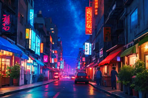  anime coloring, SCI FI city, streets, starships at distance, night sky, neon lights, holografic anouncements,glimmer